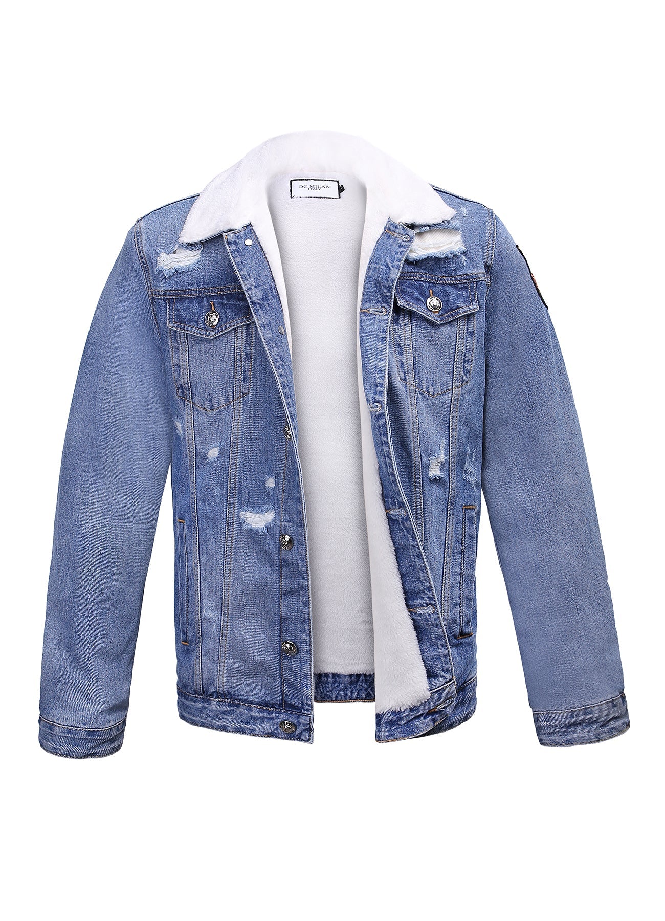 Lucchi Italy Embroidered Light Blue Denim Jacket With Faux Fur