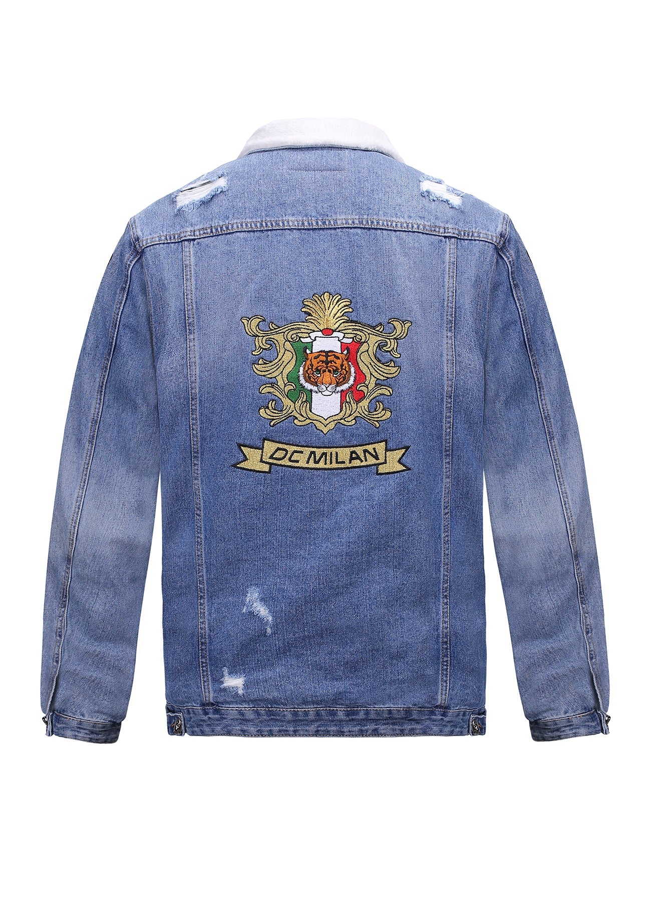 Lucchi Italy Embroidered Light Blue Denim Jacket With Faux Fur