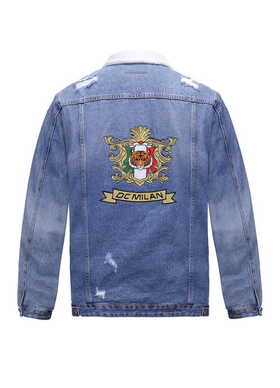 Lucchi Italy Embroidered Light Blue Denim Jacket With Faux Fur