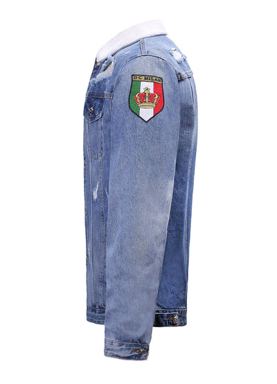 Lucchi Italy Embroidered Light Blue Denim Jacket With Faux Fur