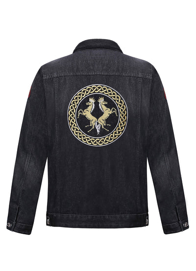 Lucchi Italy Embroidered Black Denim Jacket With Faux Fur