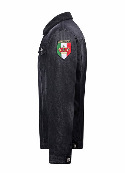 Lucchi Italy Embroidered Black Denim Jacket With Faux Fur