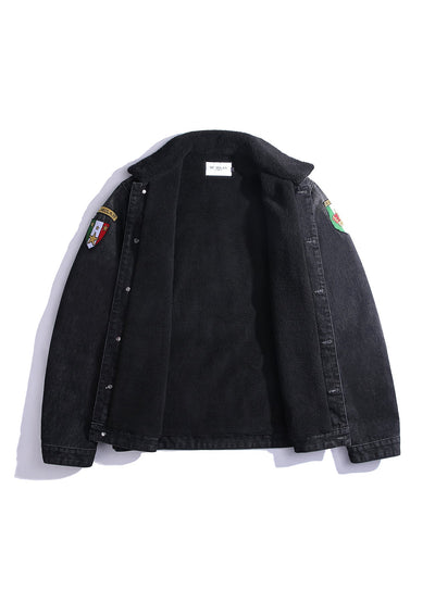 Lucchi Italy Embroidered Black Denim Jacket With Faux Fur