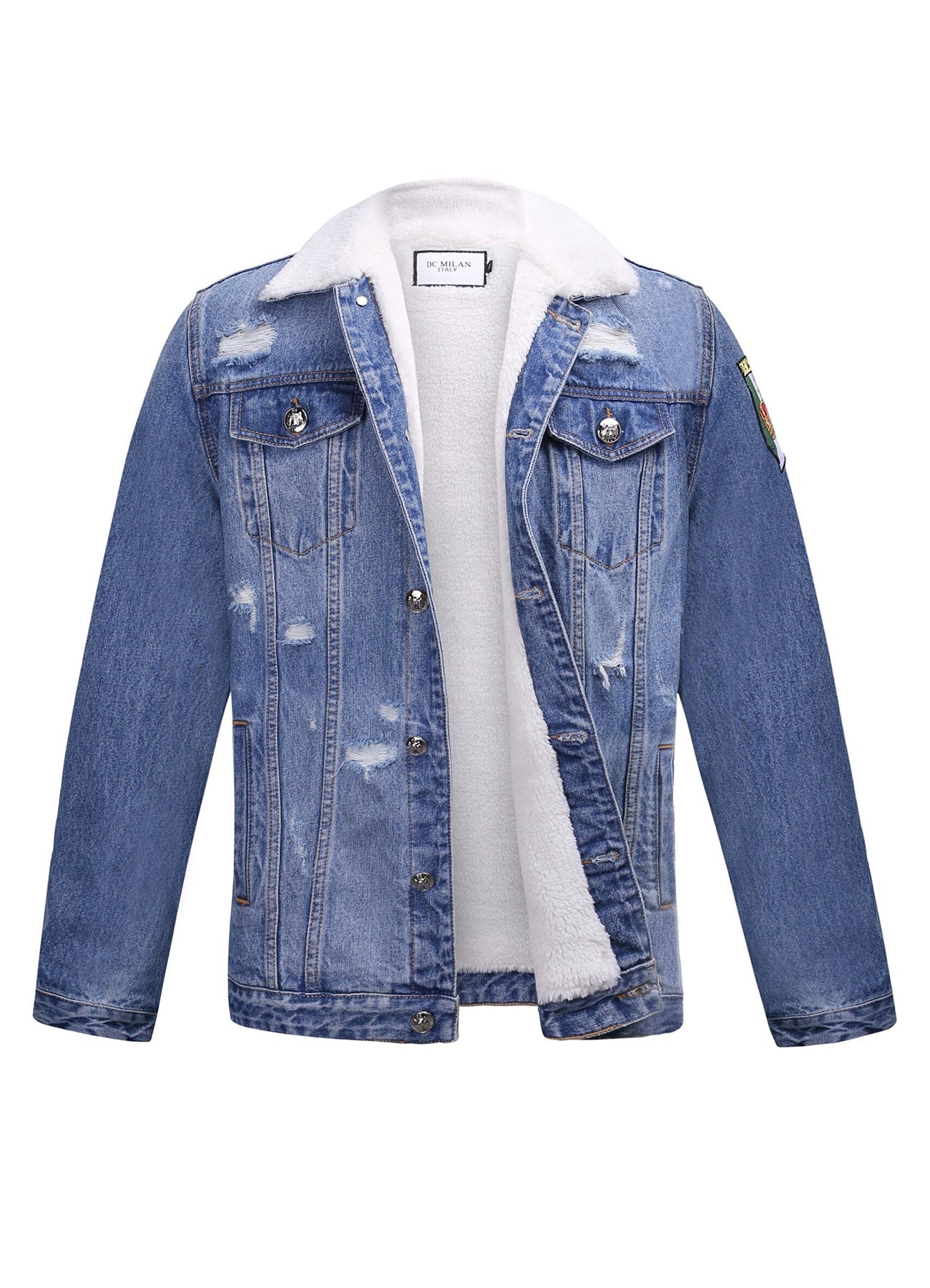 Lucchi Italy Embroidered Light Blue Denim Jacket With Faux Fur