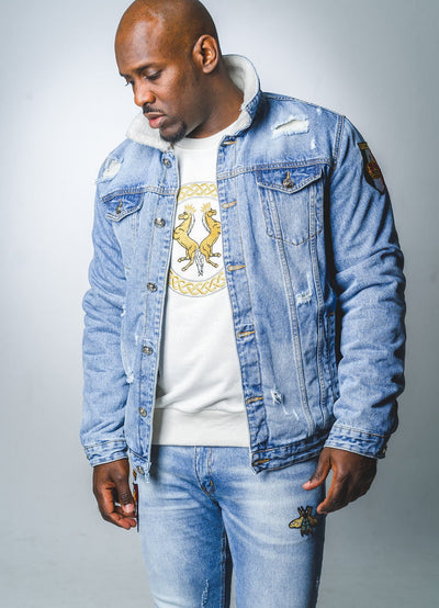 Lucchi Italy Embroidered Light Blue Denim Jacket With Faux Fur
