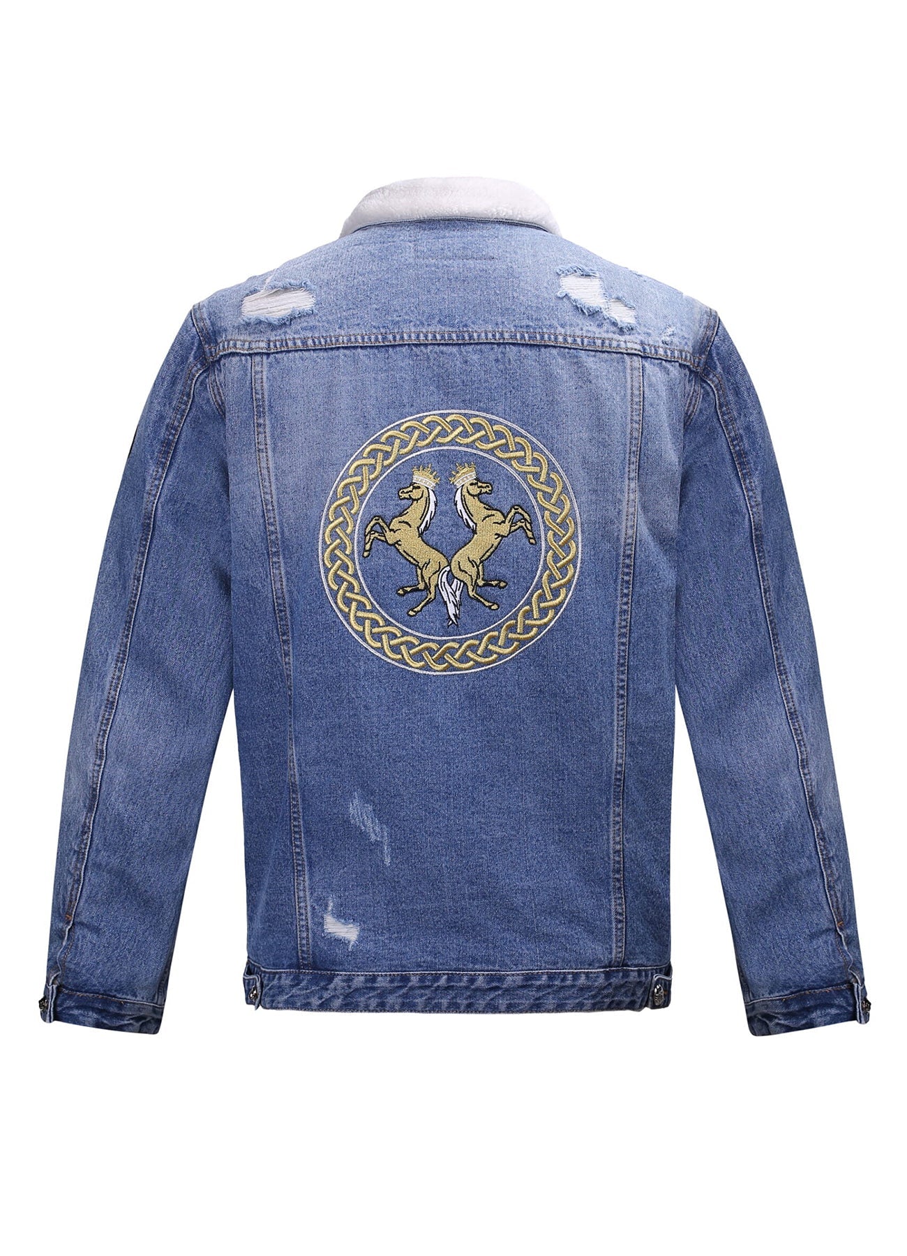 Lucchi Italy Embroidered Light Blue Denim Jacket With Faux Fur