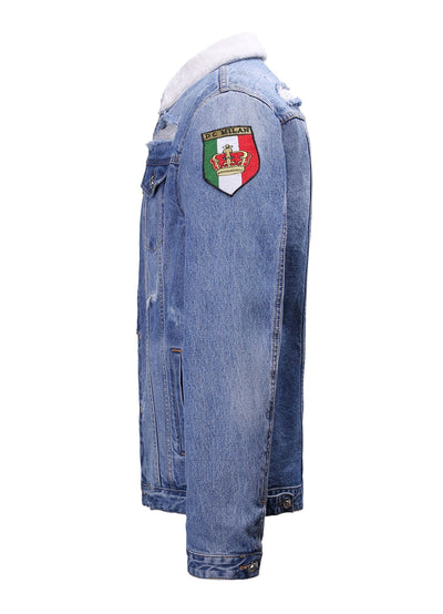 Lucchi Italy Embroidered Light Blue Denim Jacket With Faux Fur
