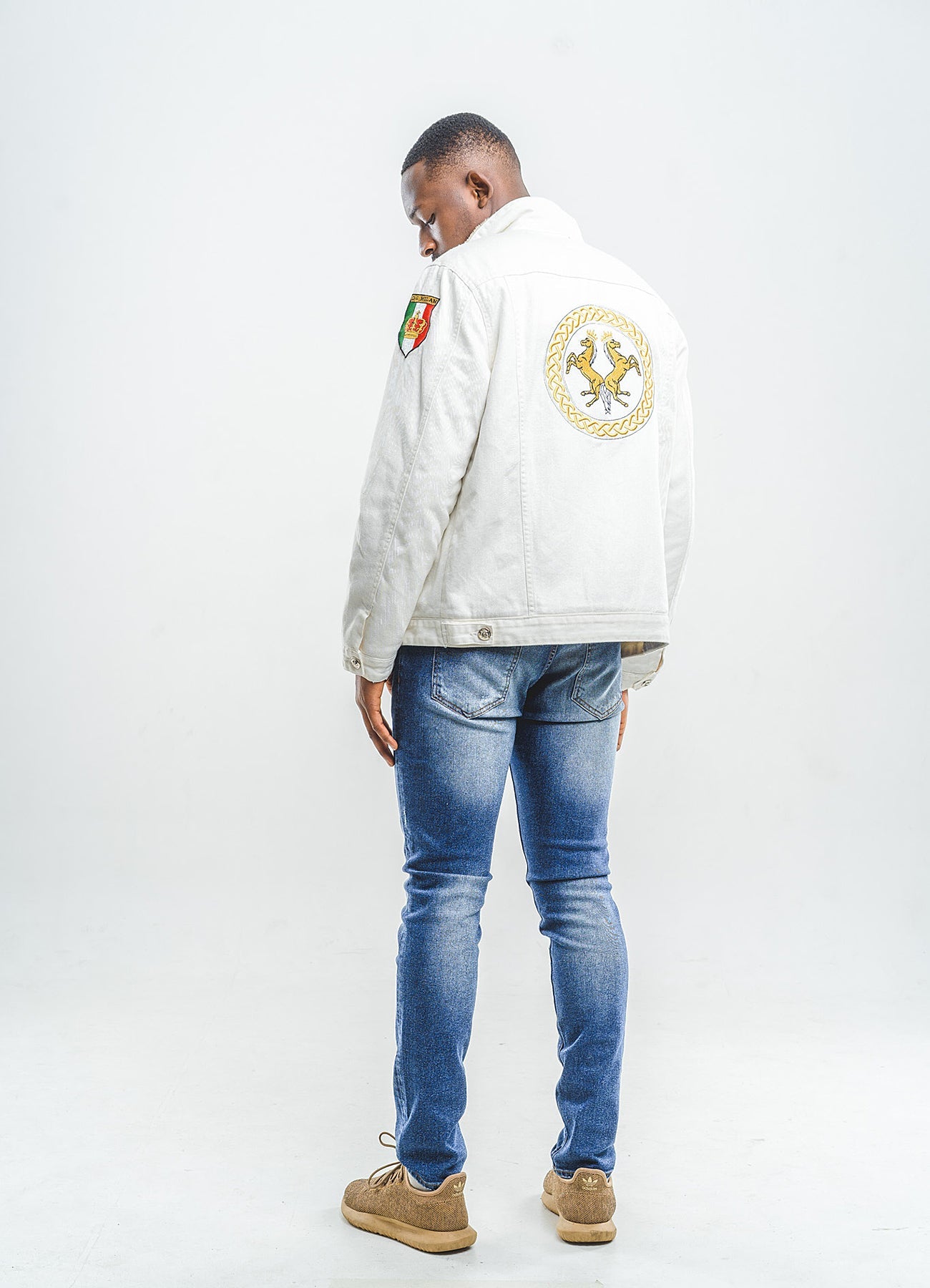 Lucchi Italy Embroidered White Denim Jacket With Faux Fur
