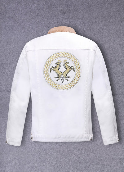 Lucchi Italy Embroidered White Denim Jacket With Faux Fur