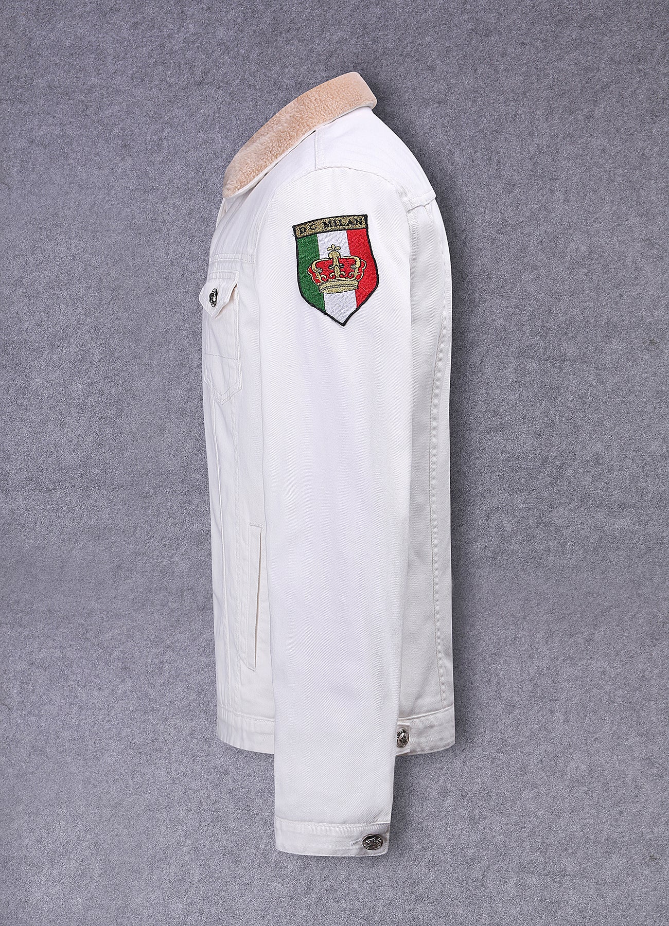 Lucchi Italy Embroidered White Denim Jacket With Faux Fur