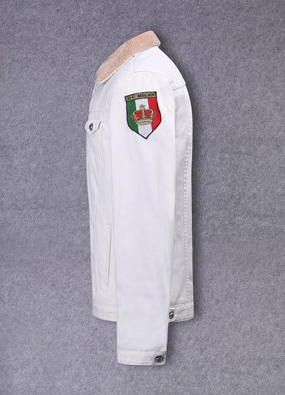 Lucchi Italy Embroidered White Denim Jacket With Faux Fur