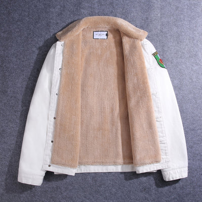 Lucchi Italy Embroidered White Denim Jacket With Faux Fur