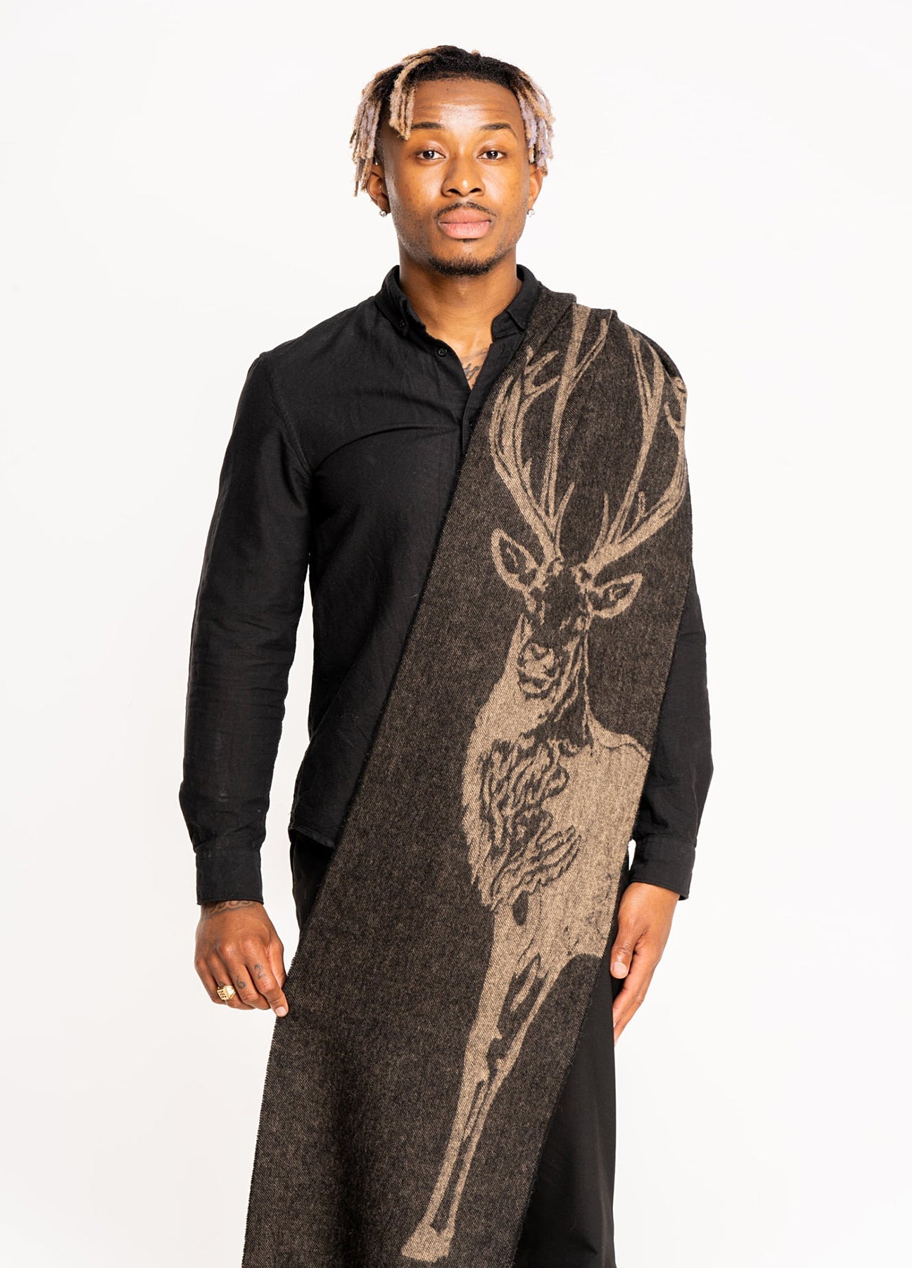 Lucchi Italy Full Stag Charcoal Scarf 100% Pure Lambswool